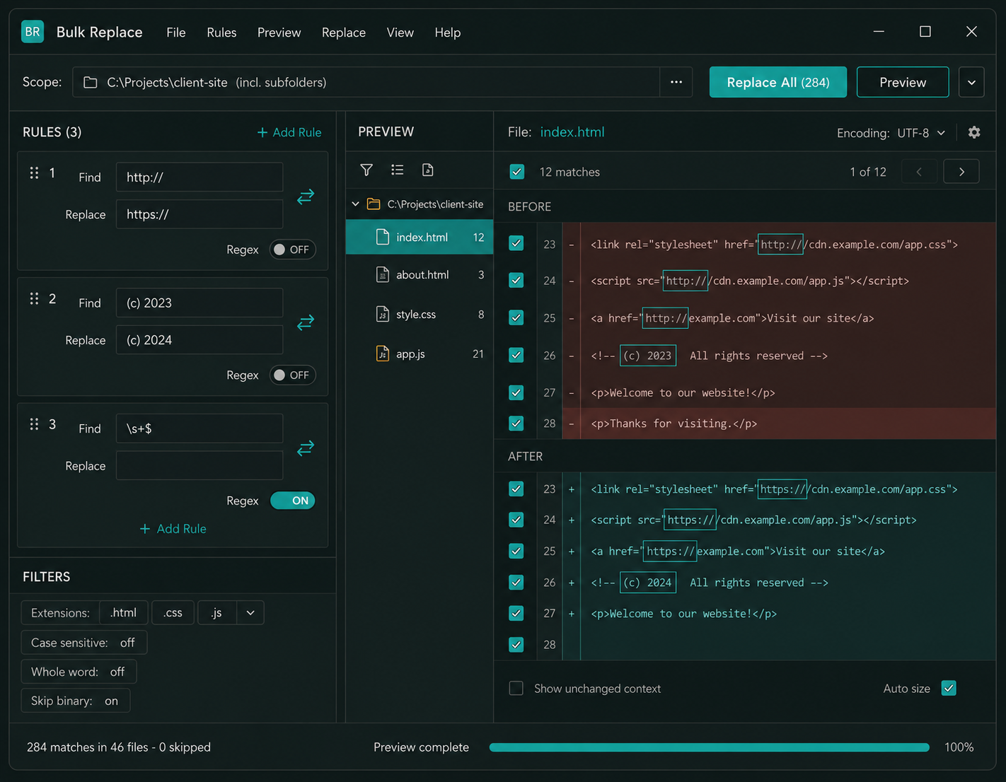Bulk Replace showing the rules and filters on the left, a file tree with per-file match counts and a colour-coded before-and-after diff on the right, and a Replace All button in the toolbar